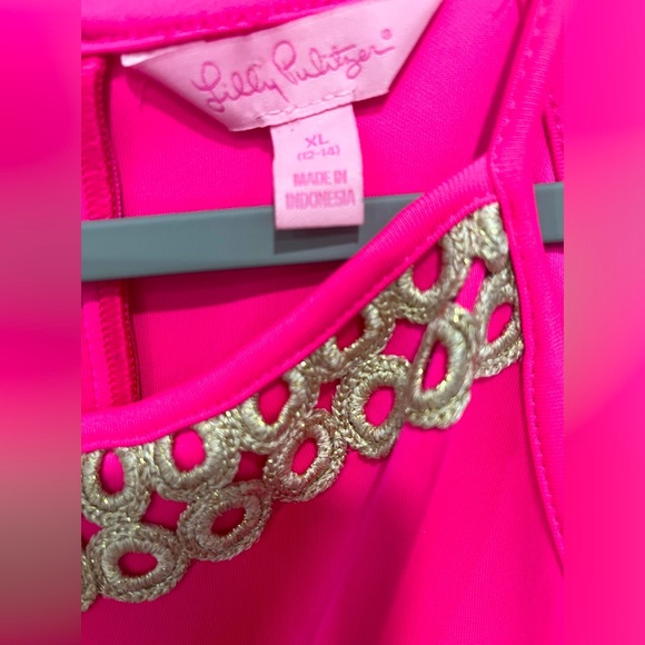 Lilly Pulitzer Girls Pink and Gold Elize Dress Appliqué Pockets - Picture 2 of 6